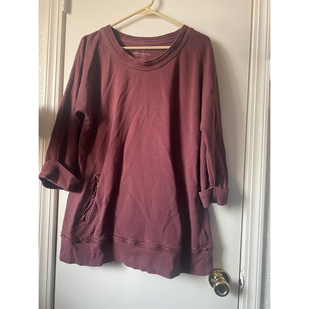 Soft Surroundings Tunic Top Embroidered‎ Neckline Pocket 3/4 Sleeve Small Maroon